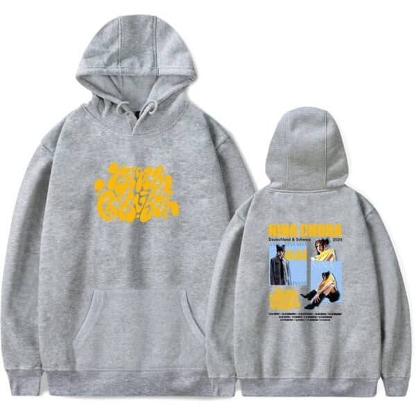 Comfortable grey hoodie with vibrant yellow graphic design, perfect for casual wear and affordable high-quality merchandise.
