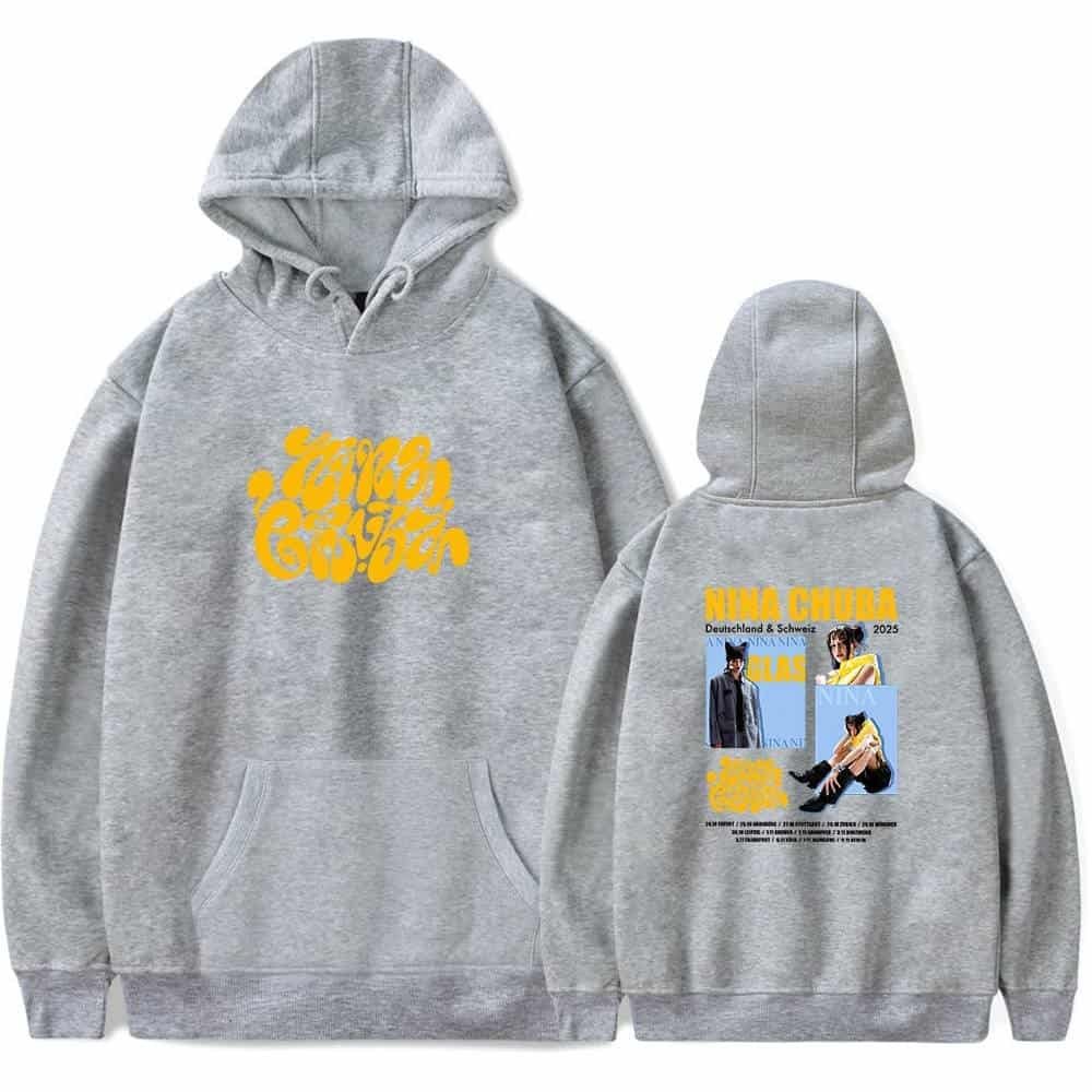 Comfortable grey hoodie with vibrant yellow graphic design, perfect for casual wear and affordable high-quality merchandise.