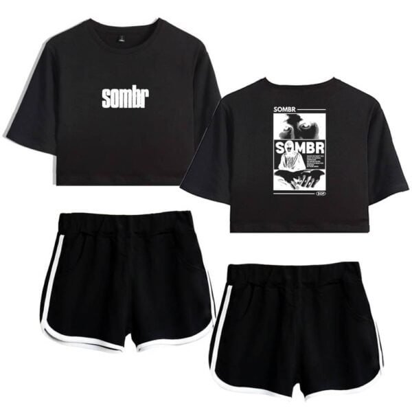Sober black crop top t-shirt with white "somb" print and graphic design, paired with black athletic shorts with white trim; affordable high-quality casual merchandise.