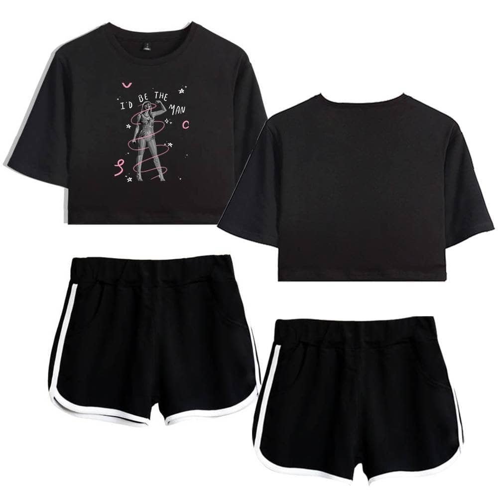 Comfortable black crop top with graphic print and matching athletic shorts, perfect for casual streetwear and gym workouts. high quality material at an affordable price.