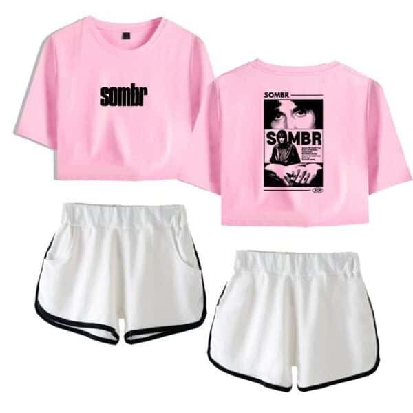 Sombrr pink graphic t-shirt and sporty white shorts suitable for casual wear and athleisure, affordable high-quality merchandise with stylish design elements.