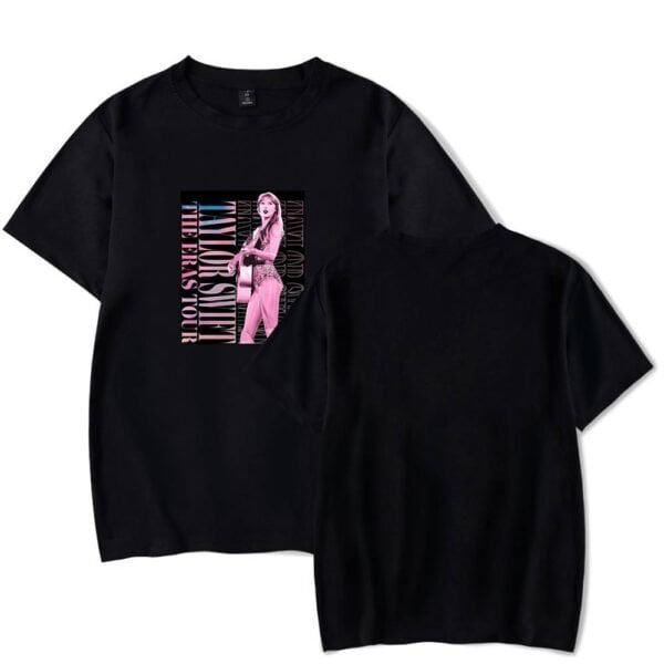Black graphic t-shirt featuring a stylish pink-toned female model, ideal for affordable high-quality merchandise. Perfect for fans wanting trendy, inexpensive apparel.