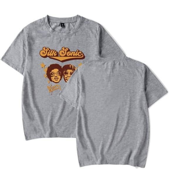 Silk sonic graphic t-shirt, high-quality casual wear, soft cotton, unisex fit, affordable price, perfect for music fans, stylish and comfortable, unisex crewneck tee, vintage design, great gift idea.