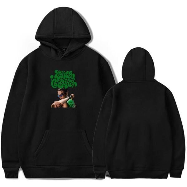 Yung kazoan black hoodie with graphic print of a woman, affordable high-quality merchandise, popular streetwear style, casual unisex sweatshirt, trendy and comfortable apparel.