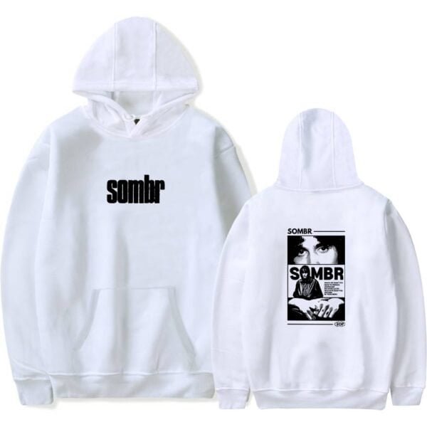 Premium quality white hoodie with bold "sombr" text on the front and a monochrome graphic print on the back, perfect for stylish, affordable streetwear.
