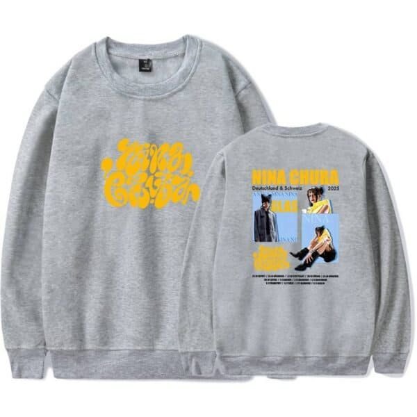 Gray sweatshirt with colorful graphic print, minimalist streetwear style, inexpensive high-quality merchandise, casual fashion essential logo design.