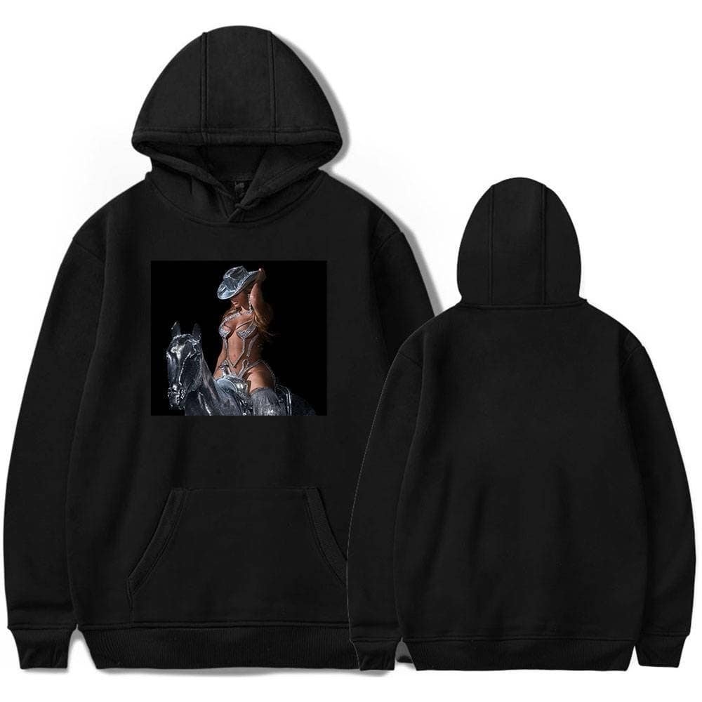 High-quality black hoodie featuring a stylish metallic horse and rider design, perfect for fans of unique, fashionable merch at an affordable price.