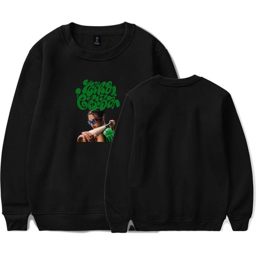 High-quality black sweatshirt with a vibrant graphic print featuring a woman in sunglasses and green text saying "Young California," ideal for affordable and fashionable merch.