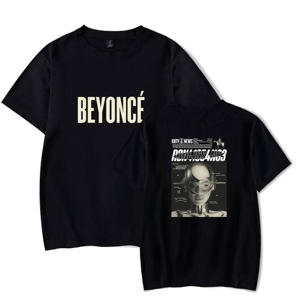 BEYONCÉ black graphic t-shirt with futurist art print and bold text, perfect for stylish casual wear and affordable high-quality merch.