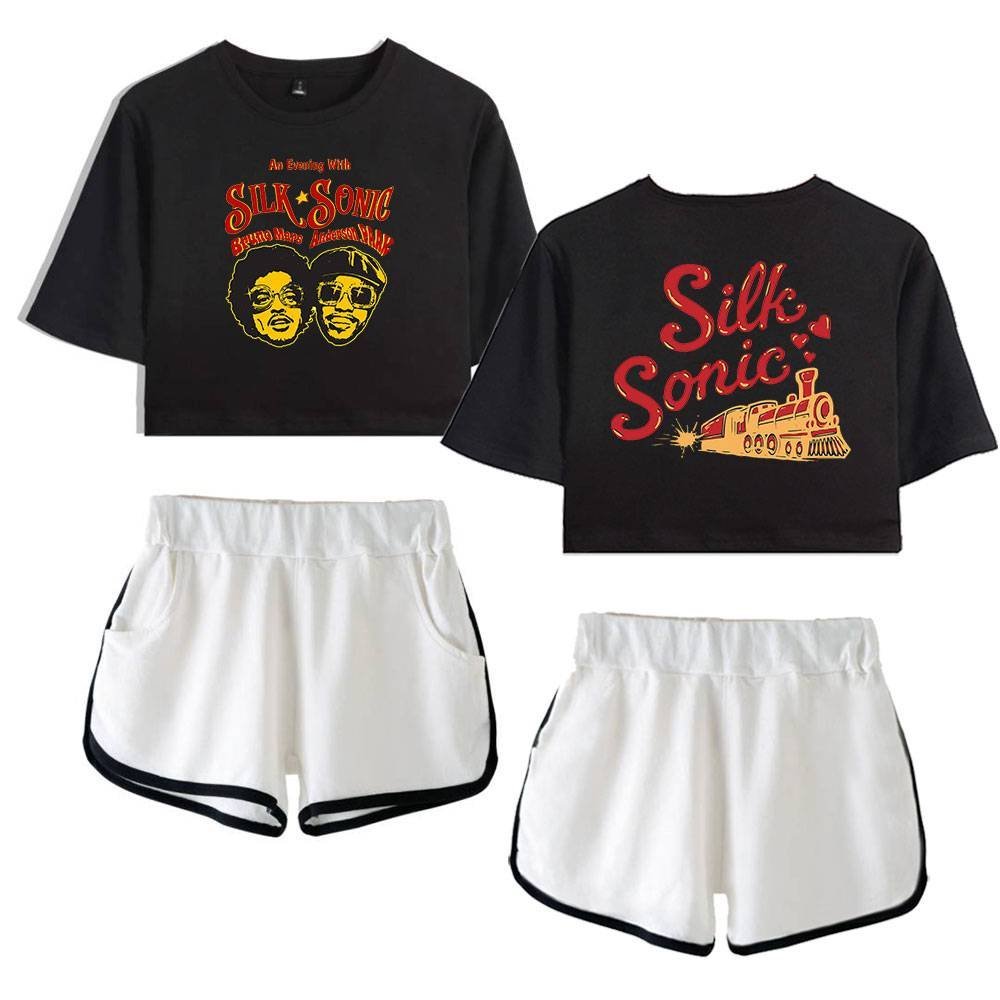 Silk Sonic black crop top with logo and retro design, paired with white athletic shorts featuring black trim, perfect for casual, stylish, and affordable high-quality merch.