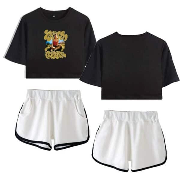 Black crop top with colorful graphic design of a person sitting outdoors, suitable for casual wear, trendy and affordable.