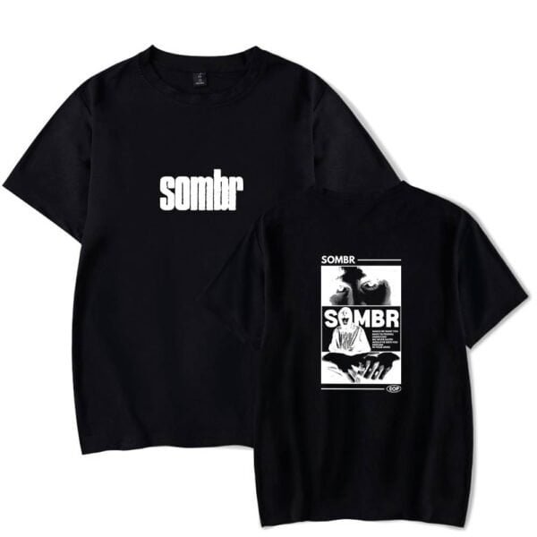 Somb t-shirt, black graphic tee with bold white text and artistic print, casual streetwear for everyday wear.
