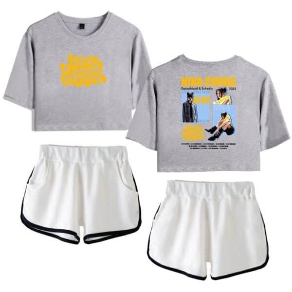 Comfy gray cropped sweatshirt with yellow graphic, stylish white athletic shorts with black trim, casual women's sportswear set, affordable high-quality fashion for activewear or streetwear, trendy trendy streetwear combo set.