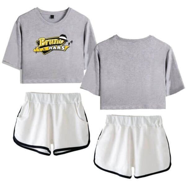 Gray crop top with "Bruno Mars" logo and black-trimmed white shorts, casual sportswear set.