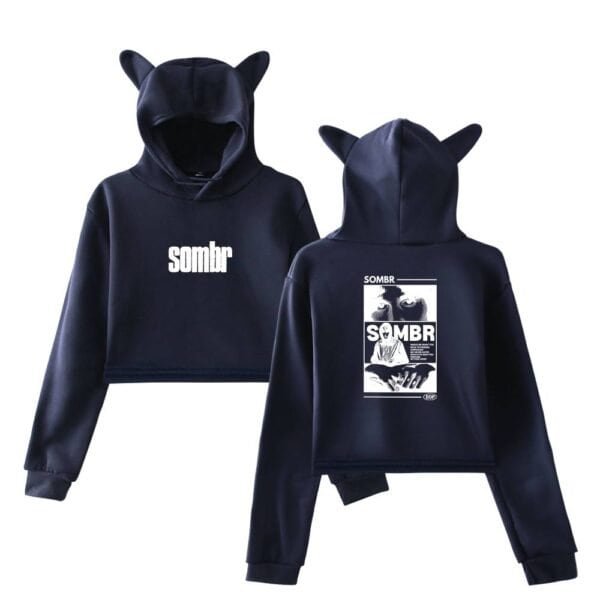 Soft black crop hoodie with "sombr" text and trendy animal ears on the hood, perfect for casual wear.