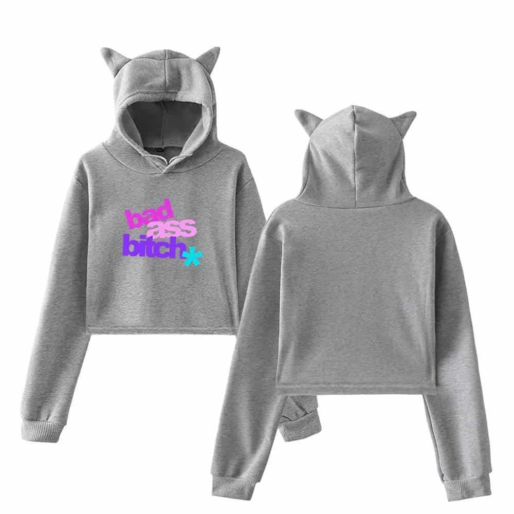 Hoodie with cat ears and colorful text "bad ass bitch" on front.