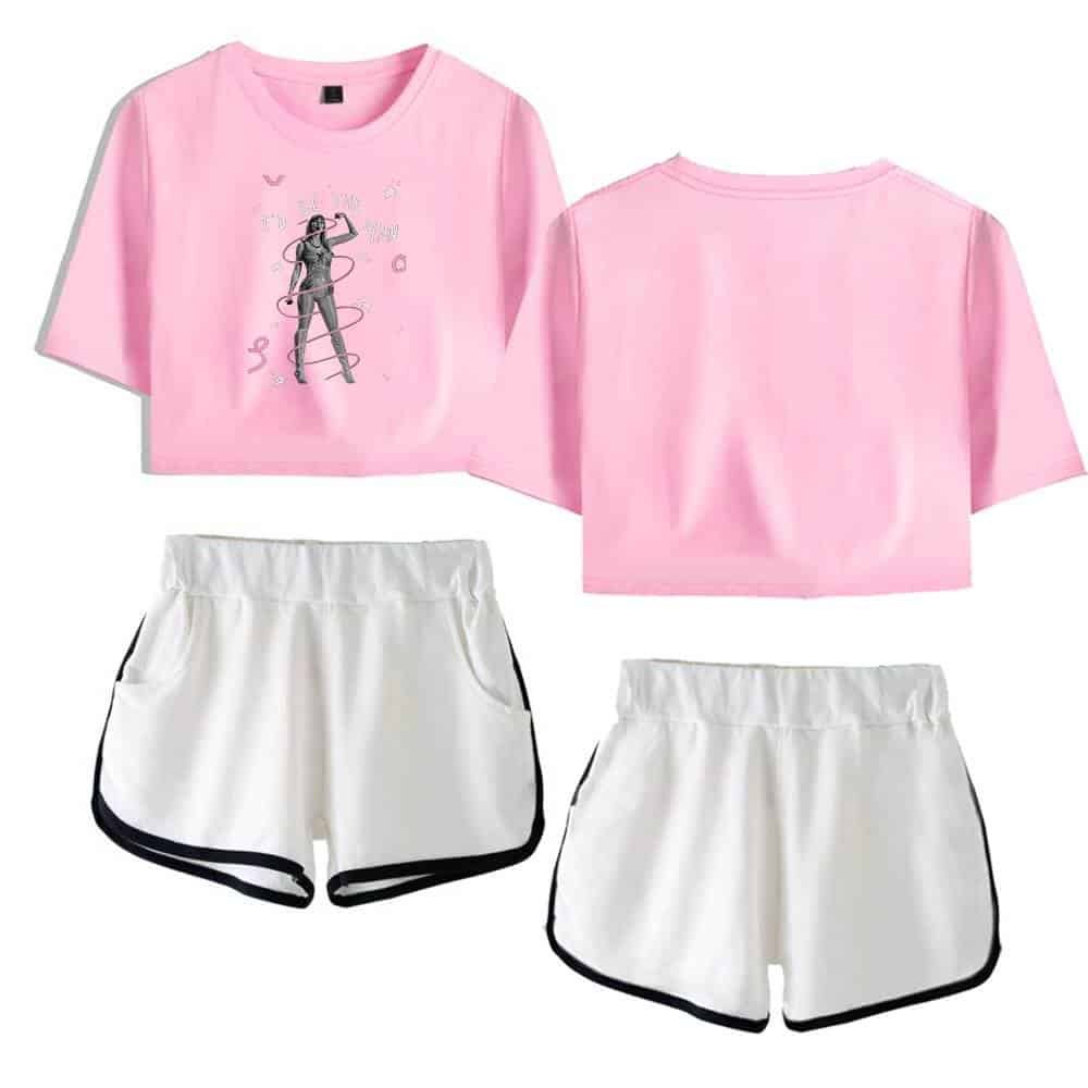 Pink graphic crop top with shorts set, casual high-quality apparel for women.