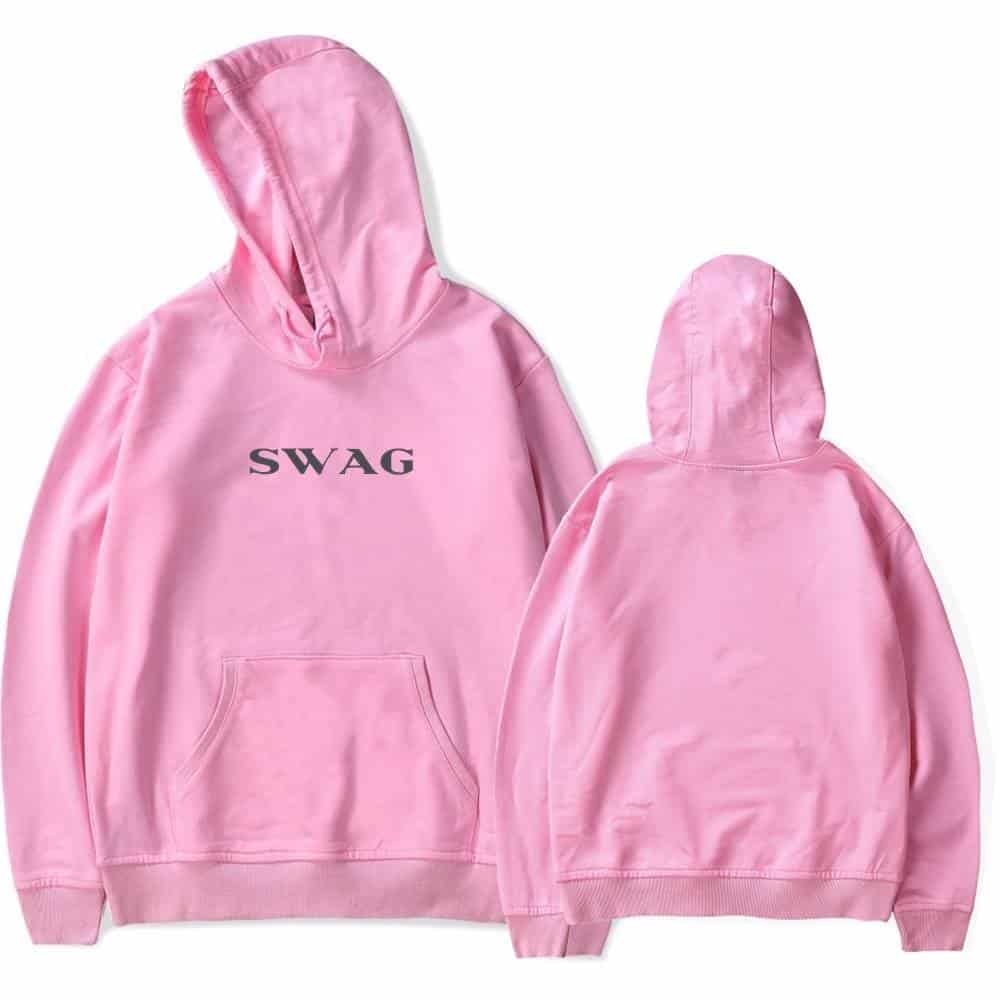 Hooded pink sweatshirt with "SWAG" printed on chest, casual high-quality hoodie, soft fabric, trendy streetwear look, perfect for stylish everyday wear.