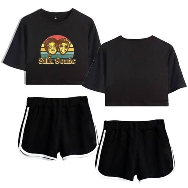 Vintage-inspired black crop top with colorful graphic and "Silk Sonic" text, paired with sporty black shorts featuring white side stripes, ideal for casual, high-quality, affordable streetwear styles.