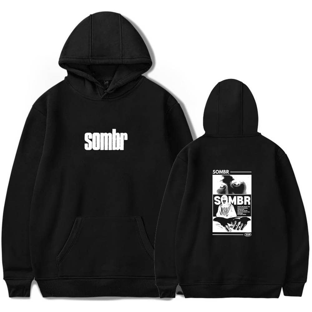 Somb black hoodie with graphic print and bold text, high-quality and affordable streetwear style.