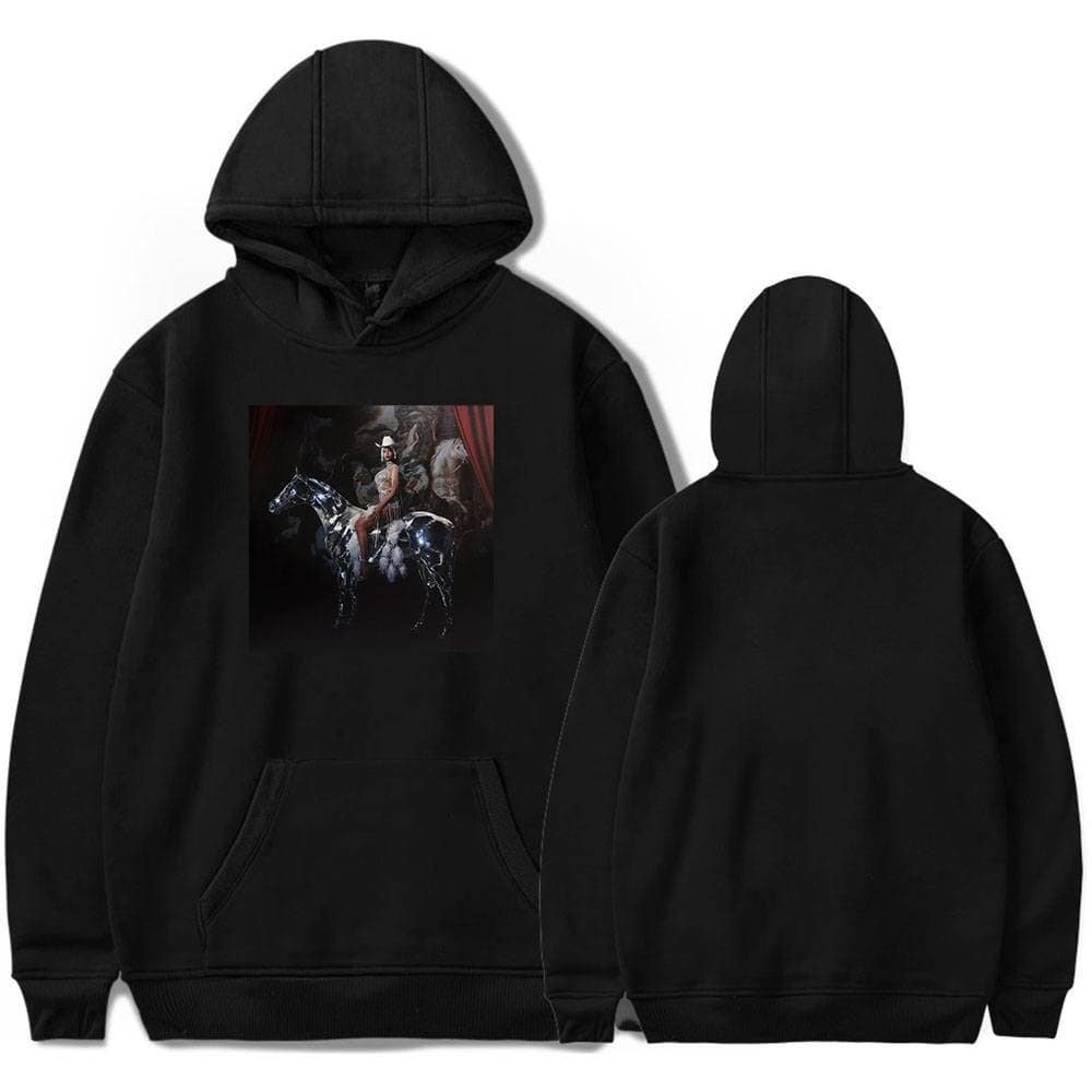Affordable high-quality black hoodie featuring a vibrant, artistic print of a performer on a shiny horse with a dark, theatrical background. Perfect for fans of unique, budget-friendly merch.