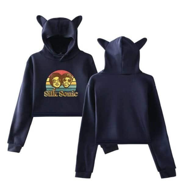Silk sonic hoodie with cat ears, affordable high quality merch, stylish and comfortable women's streetwear, perfect for fans of retro and vintage fashion, cozy sweatshirt with graphic print.