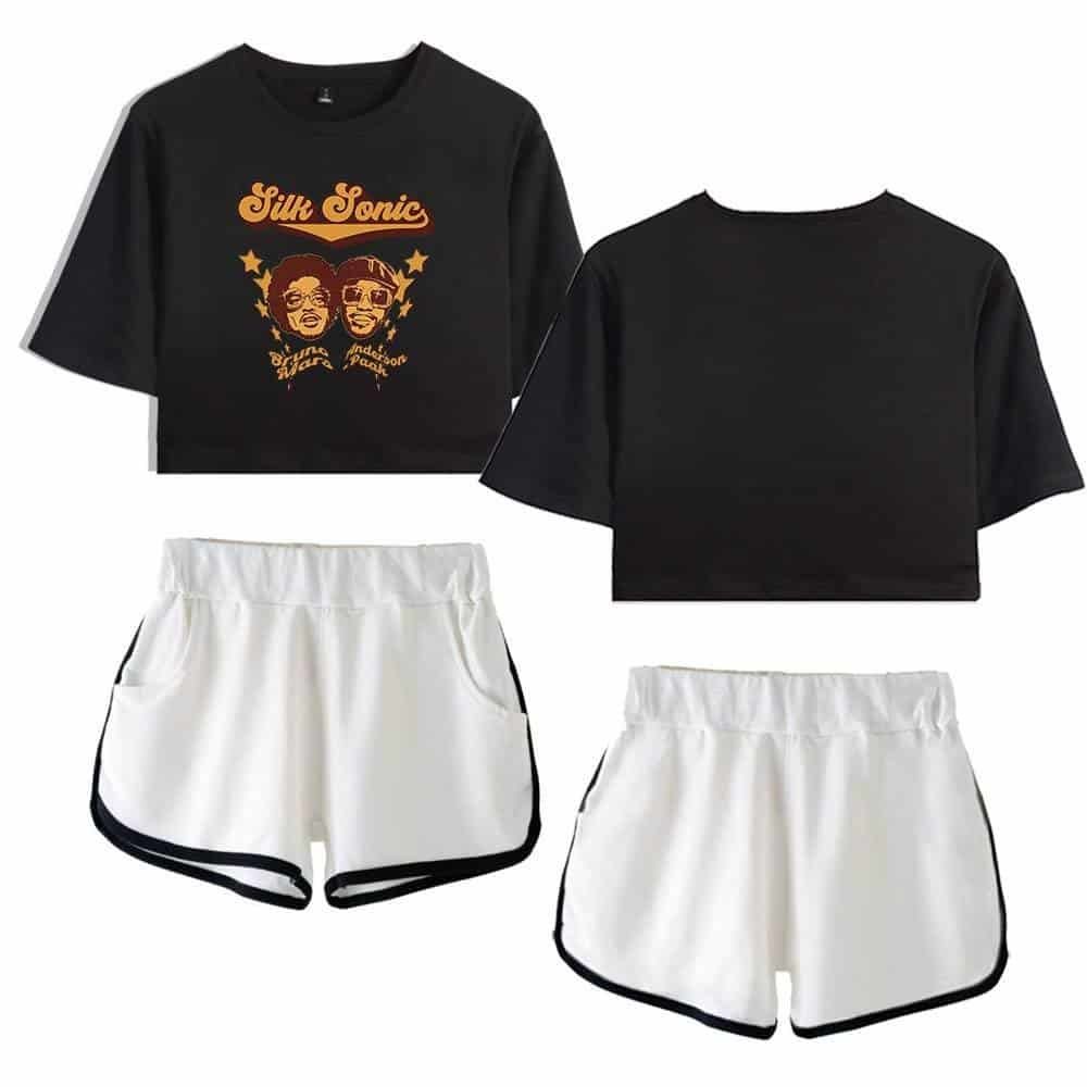 Silk sonic black crop top sweatshirt with graphic design and white shorts with black trim, casual high-quality merch modern activewear set.