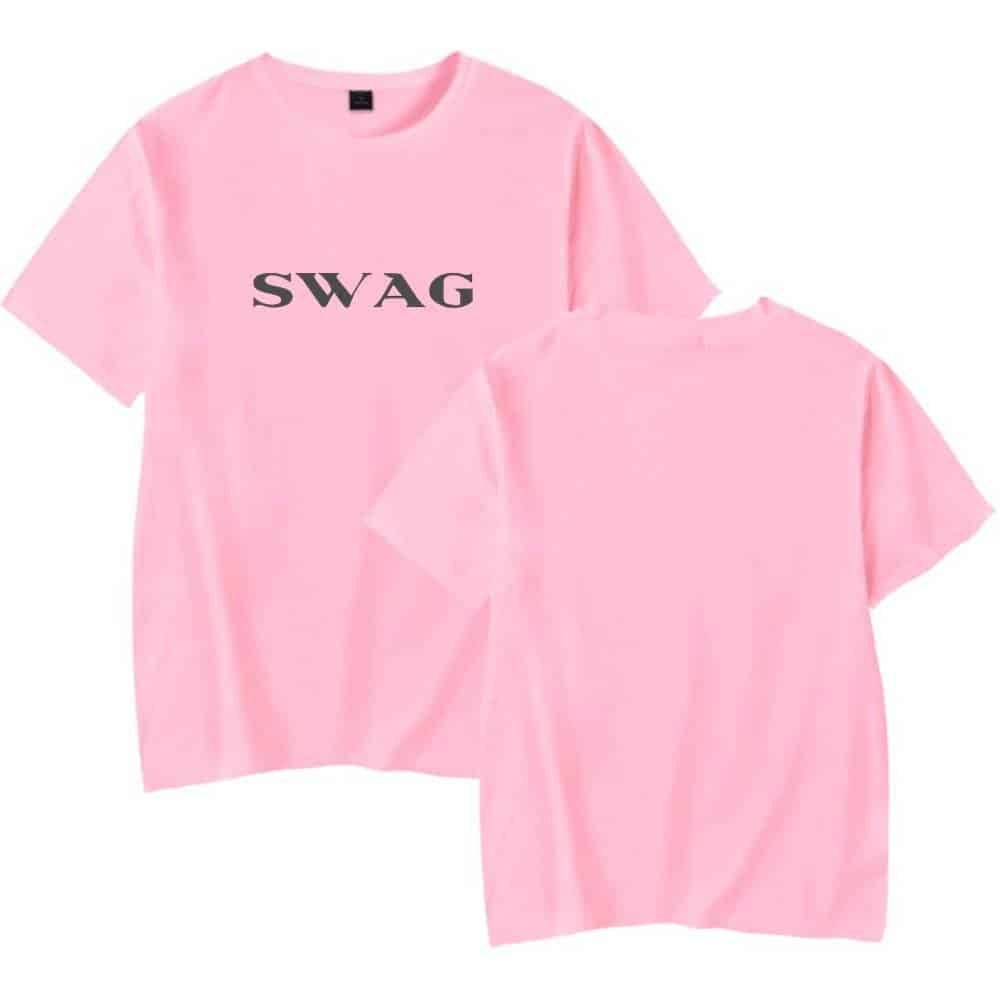 Swag pink t-shirt with black text cheap high quality merch.