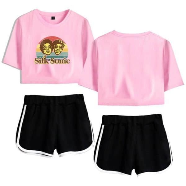 Affordable high-quality casual apparel set featuring a pink graphic crop top with "Silk Sonic" design and black athletic shorts with white trim. Perfect for comfort and style.