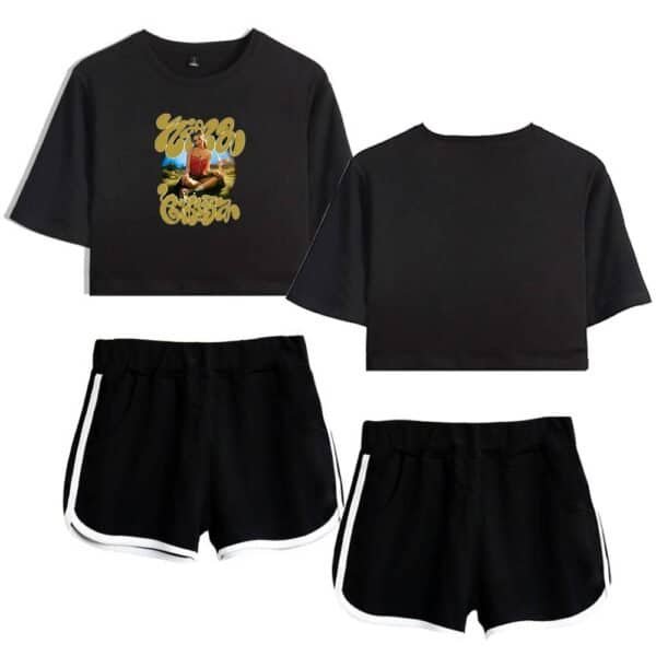 Comfy black athletic shorts and graphic crop top matching set, perfect for casual wear or workouts, affordable price with high quality material.