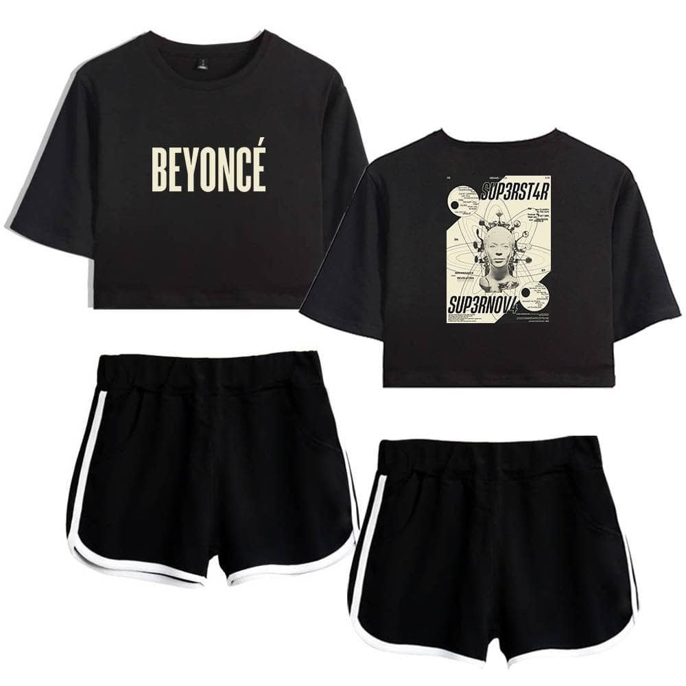 Black crop top with "BEYONCÉ" text and matching sporty shorts, fashionable and affordable high-quality merchandise.