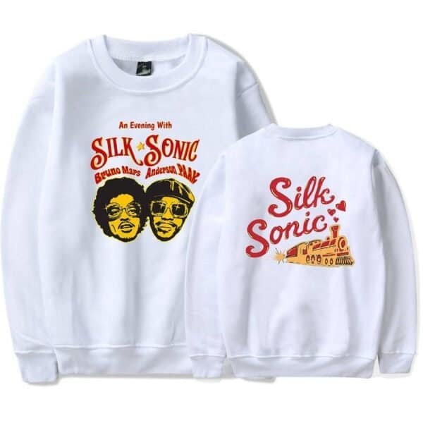 Silk Sonic sweatshirt with colorful graphic design featuring animated characters, perfect for affordable high-quality merch. Ideal for fans of music and vintage style.