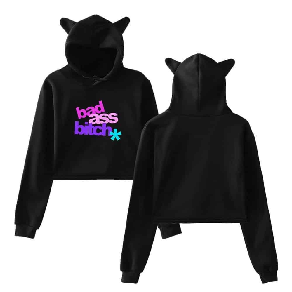 Bad ass hoodie with colorful text and animal ear hood design.