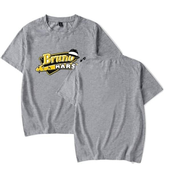 Bruno Mars graphic T-shirt in heather gray with a fun yellow and black design, perfect for fans and casual wear.