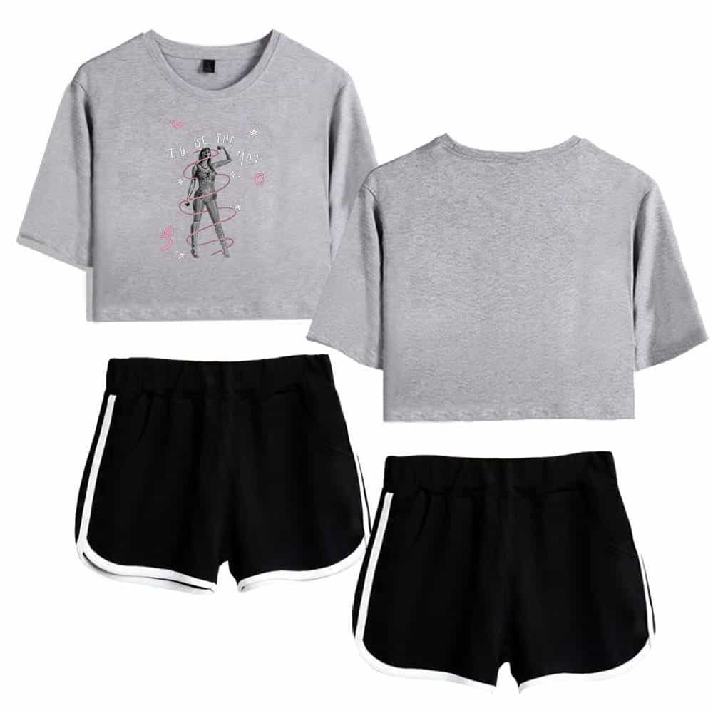 High quality casual women's outfit with gray graphic crop top and black athletic shorts, excellent value, affordable trendy casual wear for everyday comfort and style.