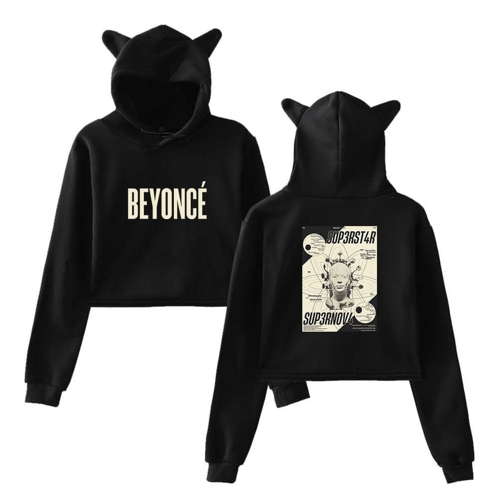 High quality black hoodie with ears featuring Beyoncé and futuristic graphics, affordable and stylish merchandise perfect for fans.
