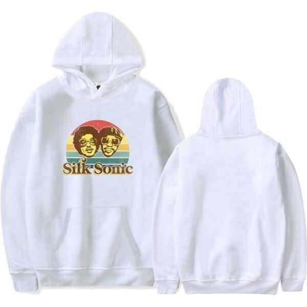Silk Sonic hoodie with colorful retro graphic design, high-quality print, and soft fabric for comfortable wear. Perfect for fans of the music duo and vintage style enthusiasts.