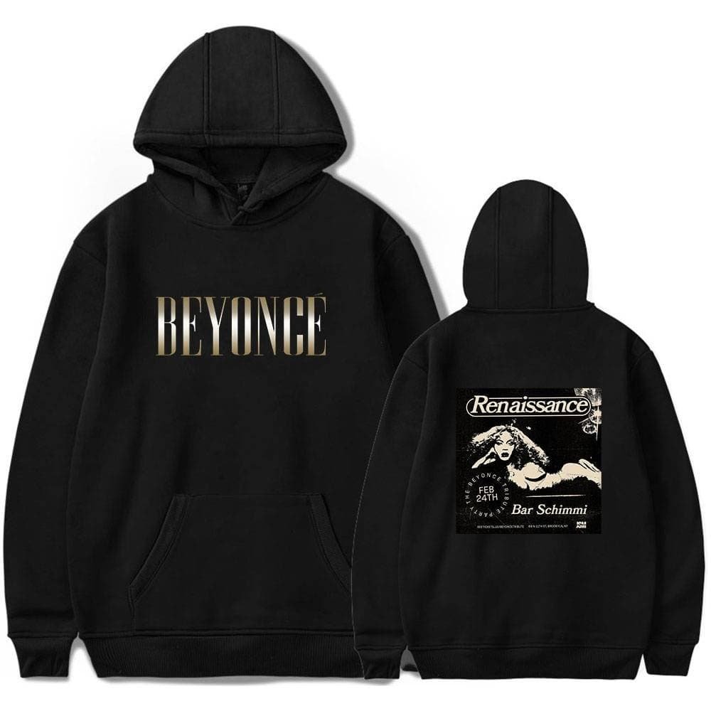 High quality black hoodie featuring Beyoncé and Renaissance artwork, affordable and stylish merch perfect for fans seeking cheap high-quality apparel.