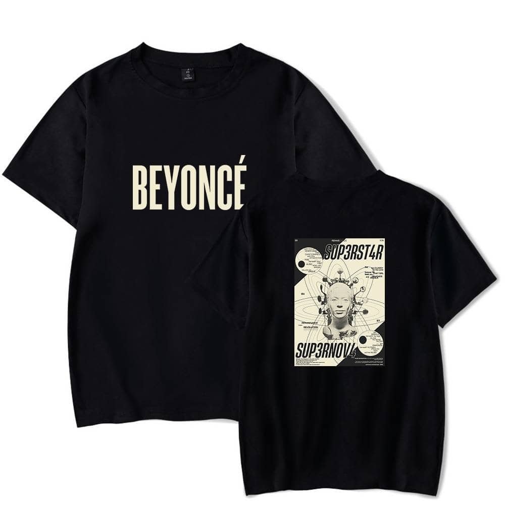 Black graphic Beyoncé t-shirt with futuristic design and bold text, stylish unisex streetwear, perfect for fans, affordable high-quality merchandise, trendy and comfortable.