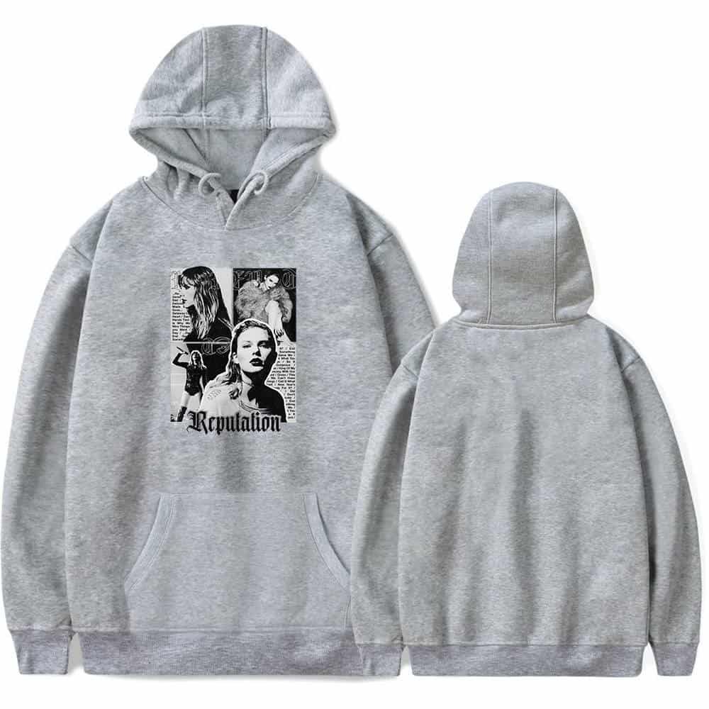 Affordable high-quality grey hoodie featuring trendy graphics and the word "Reputation" for a stylish casual look. Perfect for fans of streetwear and comfortable apparel.