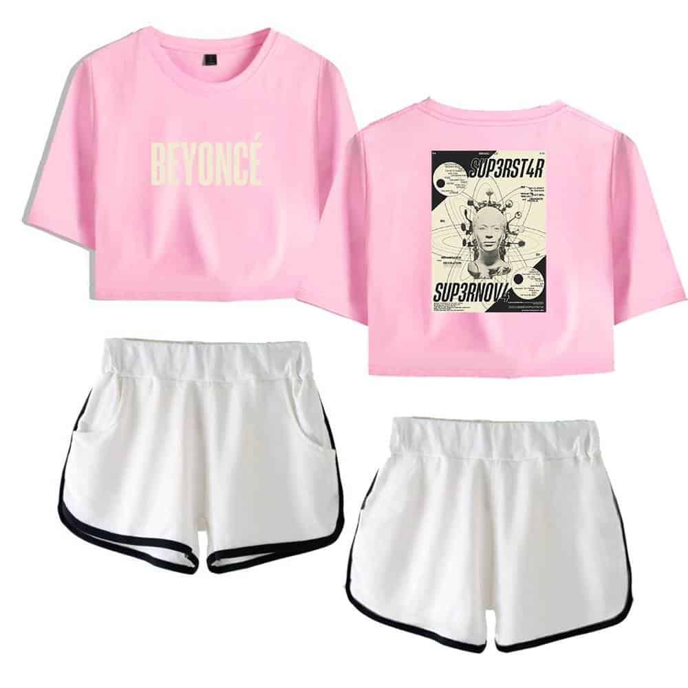BEYONCÉ pink and white T-shirt and shorts set, trendy and affordable streetwear styles.