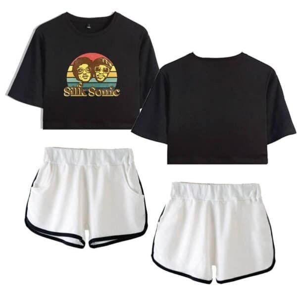 Silk sonic graphic crop top and athletic shorts set, high quality streetwear, affordable casual style, unisex summer fashion, comfortable and trendy for everyday wear.