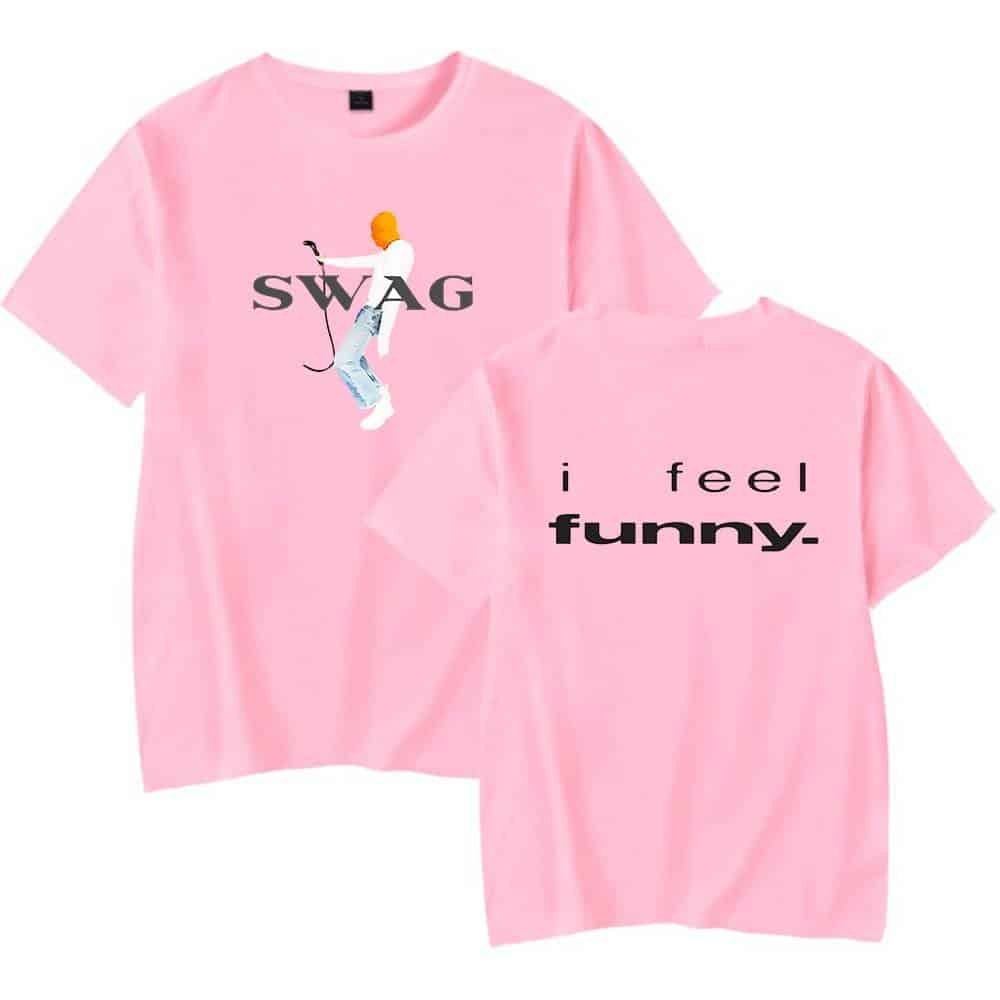Swag pink graphic t-shirt with humorous text and illustration.