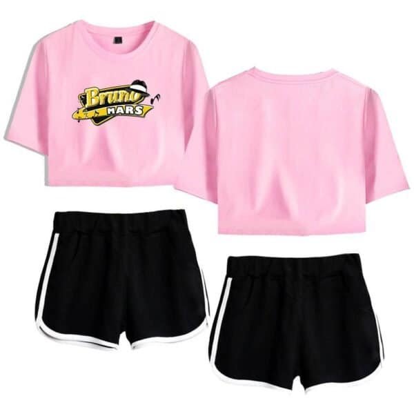 Bruno mars pink graphic crop top and black athletic shorts set, casual and affordable merch for fans.