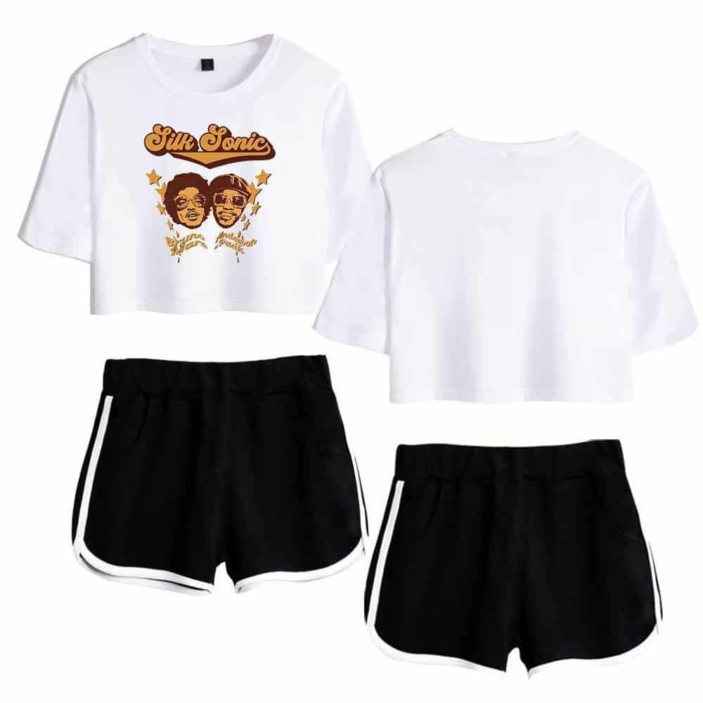 Silk Sonic graphic crop top and athletic shorts set, affordable high-quality merch for casual, stylish wear, perfect for fans of the duo or streetwear enthusiasts.