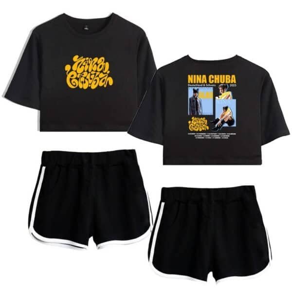 Comfortable black crop top with bold yellow graphic design text.