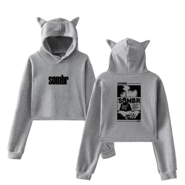 Hoodie with cat ears and bold 'sombr' text on front, featuring a graphic print on the back showcasing a black-and-white photo and stylish text, made of affordable high-quality fabric.
