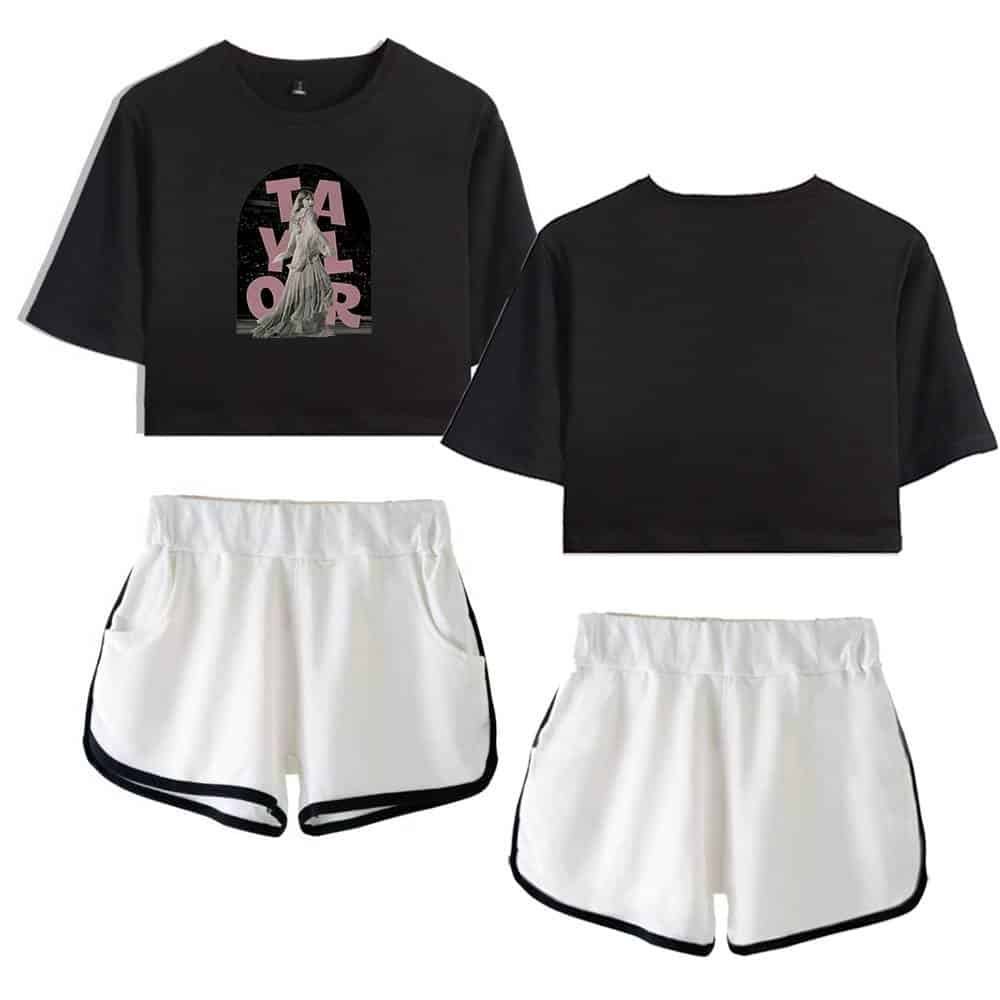 Black casual oversized crop top with graphic print and white athletic shorts with black trim, stylish and affordable merchandise for everyday wear.