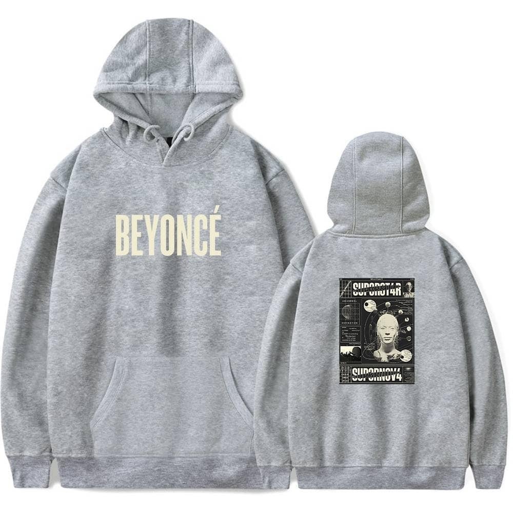 Comfy grey Beyoncé hoodie with stylish front and back prints, made from high-quality, affordable materials for a trendy and durable casual wear option.