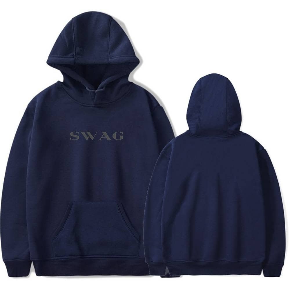 Swag hoodie with front and back view in dark blue, affordable yet high-quality casual merch.